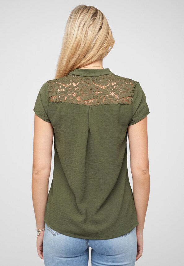 Musselin Shirt V-Neck mit Deko Knopfleiste und Spitze-1