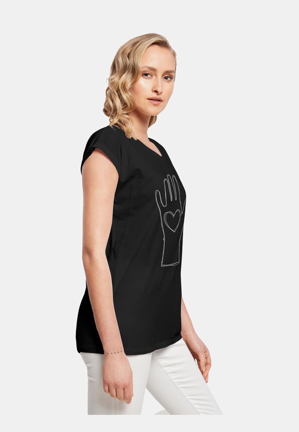 Ladies Peace - Scribble Hand Heart Black  Extended Shoulder Tee-3