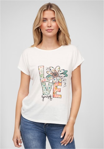 Viskose T-Shirt mit Love-Blumen Print