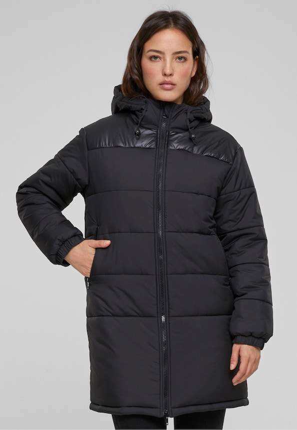 Ladies Hooded Mixed Puffer Coat-0