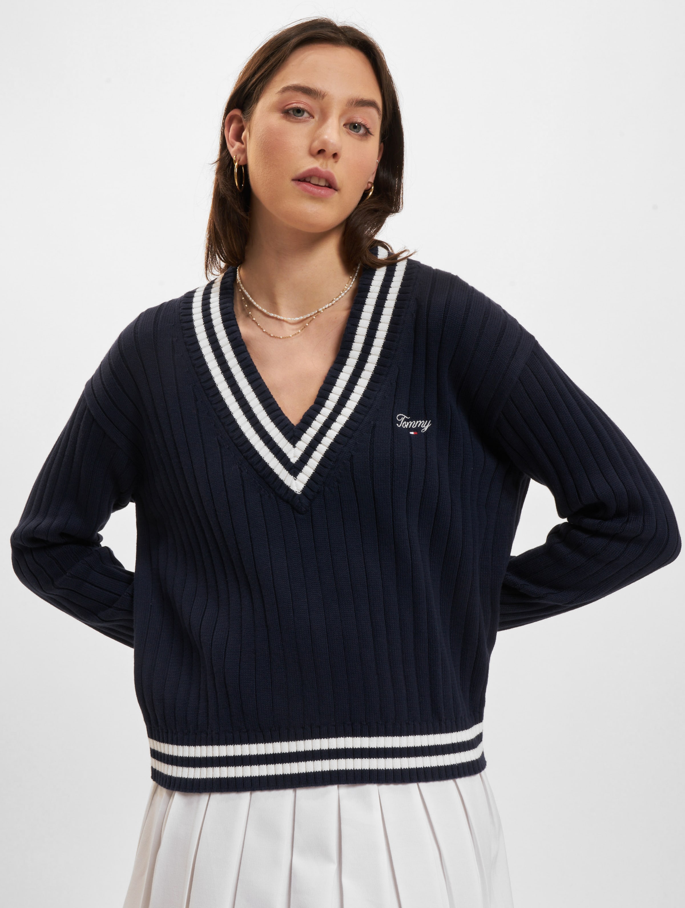 Tommy Jeans Script V Neck Rib Sweater Vrouwen op kleur blauw, Maat XS