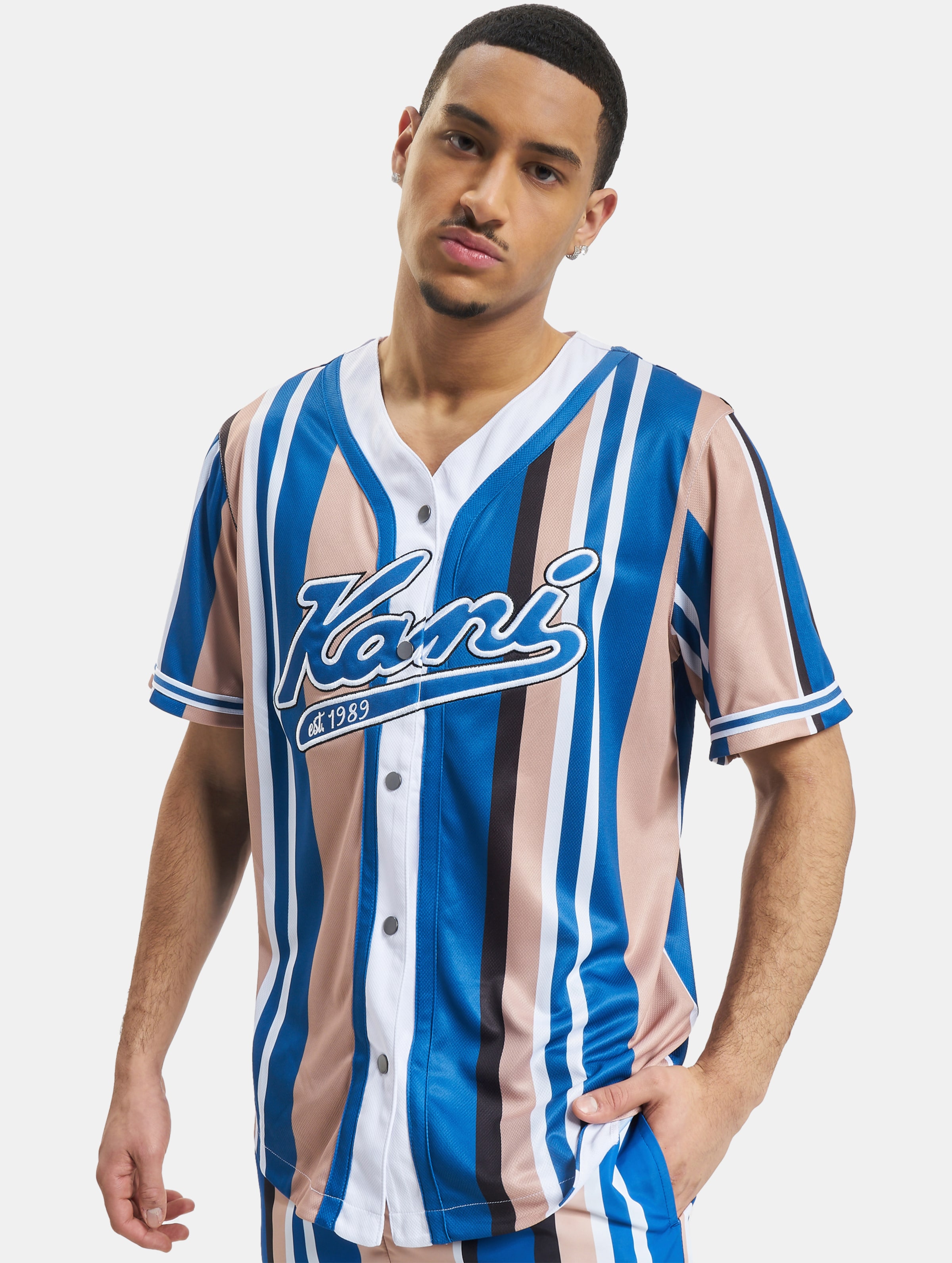 Karl Kani Varsity Striped Baseball Shirt Mannen op kleur blauw, Maat XXL