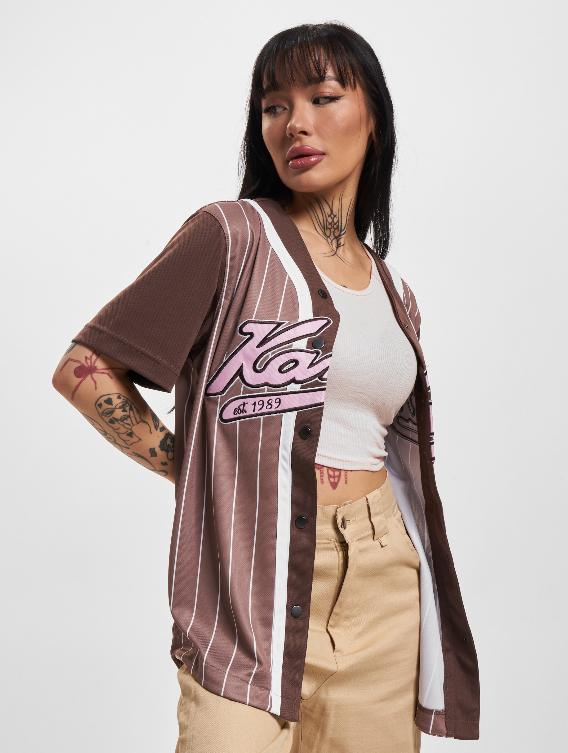 Karl Kani Varsity Block Pinstripe Baseball Shirt Vrouwen op kleur bruin, Maat XS