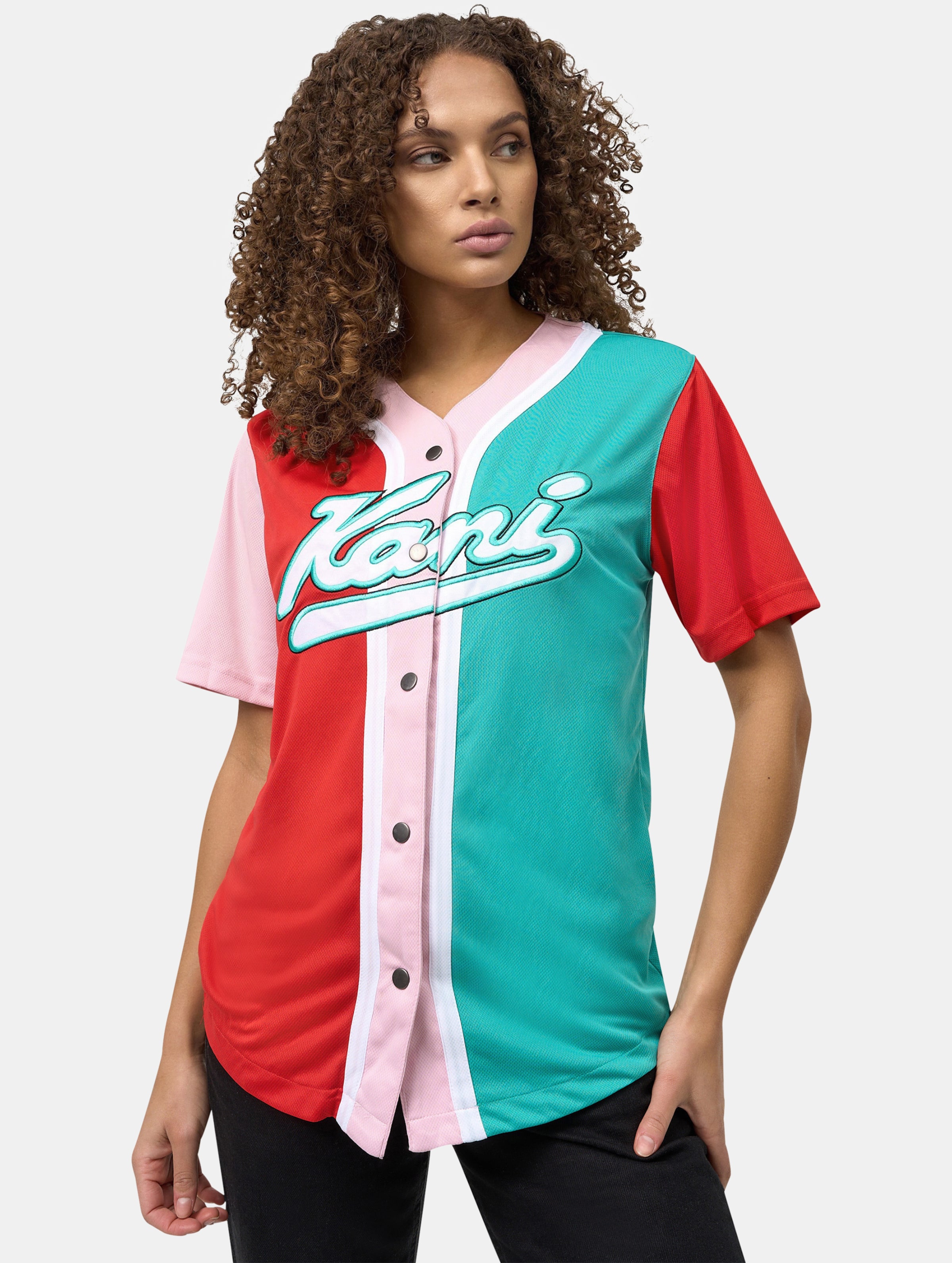 Karl Kani Varsity Block Baseball Shirt red/rose/dark mint Vrouwen op kleur wit, Maat S