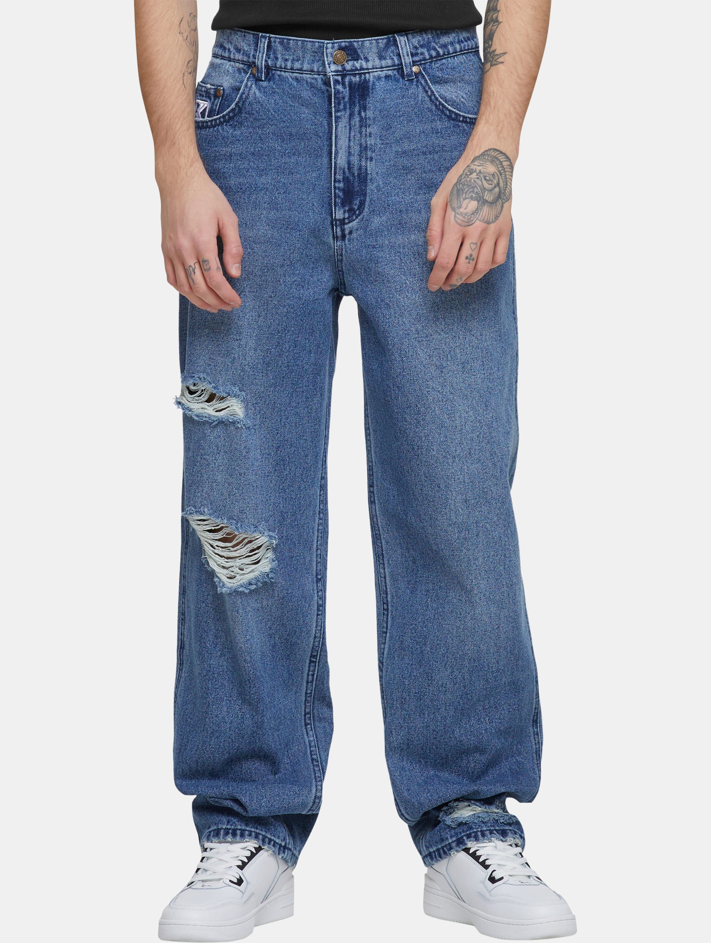 Karl Kani Small Signature Five Pocket Heavy Distressed Denim Jeans Baggy Mannen op kleur blauw, Maat 34