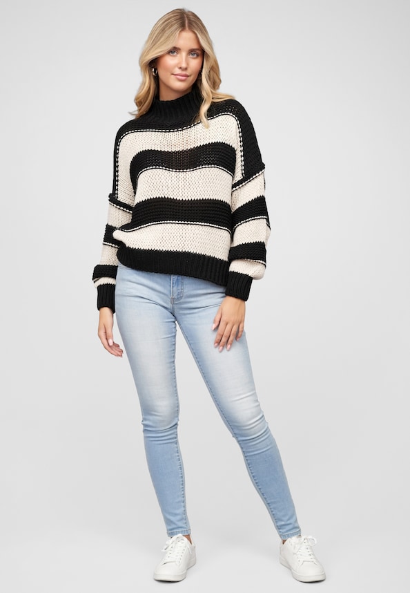Strick-Sweater Pullover mit High-Neck und Streifen-Muster-4