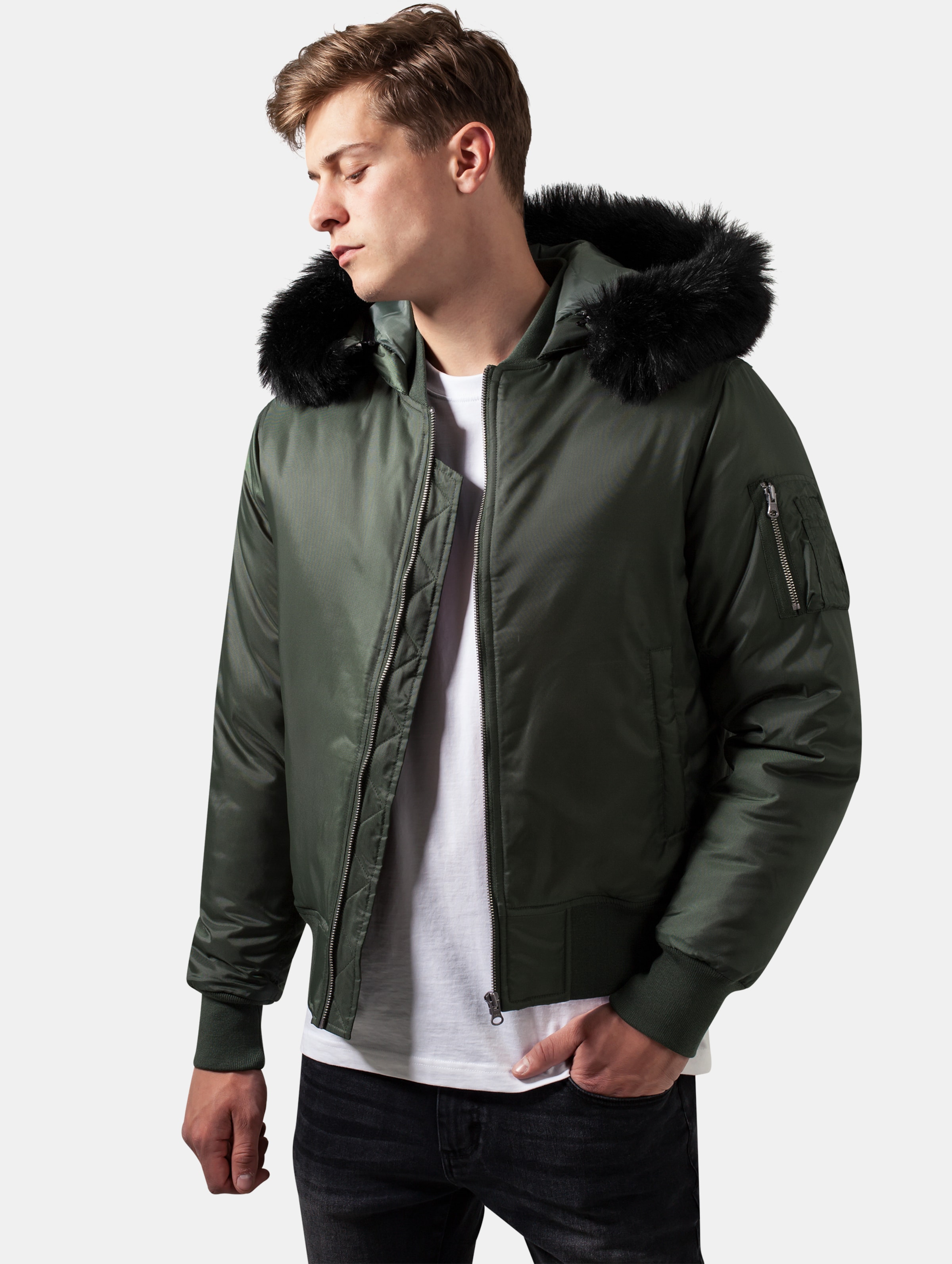 Urban Classics Hooded Basic Bomber Jacket Mannen op kleur olijf, Maat M