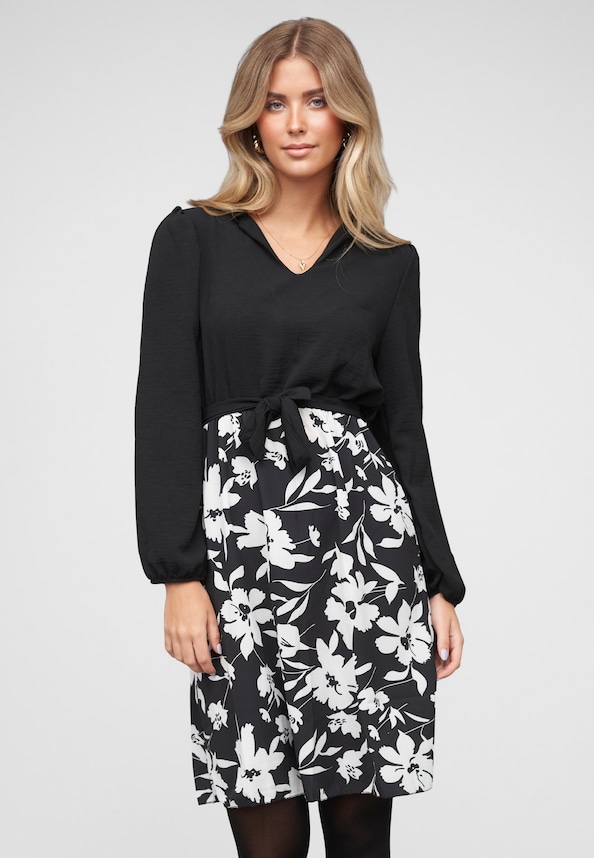 Cloud5ive Kleid mit Bindegürtel Langarm Flower Print-0