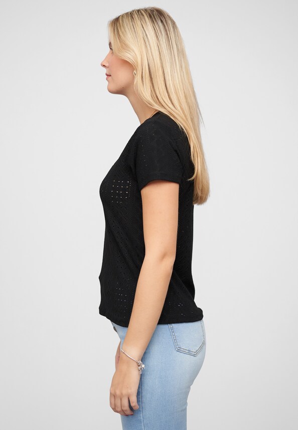 T-Shirt mit Lochmuster und Rundhals-2