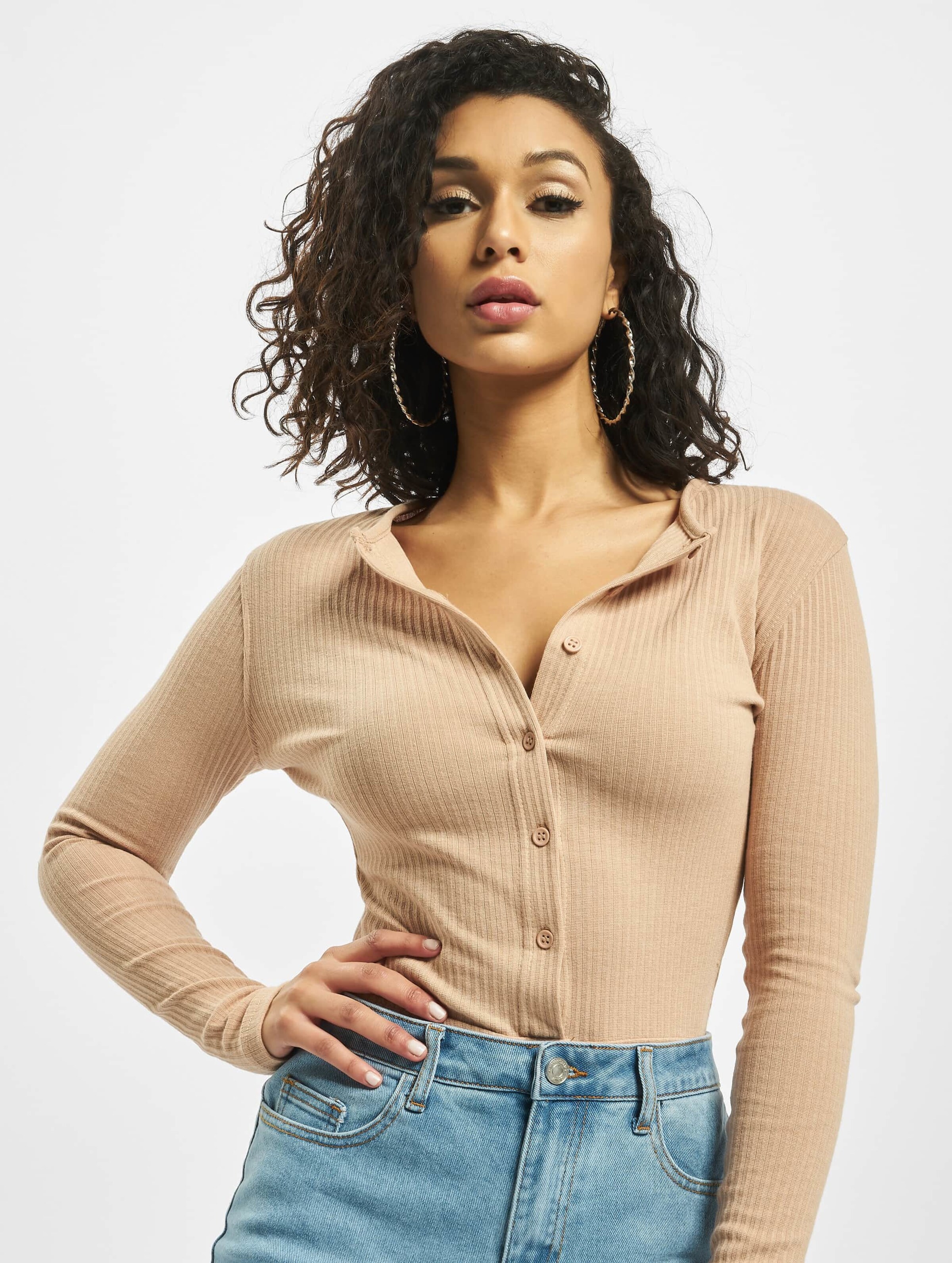 Missguided Petite Button Front Long Sleeve Body Vrouwen op kleur beige, Maat 36