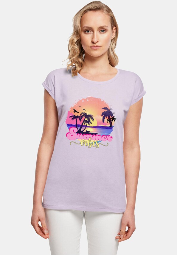 Ladies Summer Vibes Sunset Extended Shoulder Tee-0