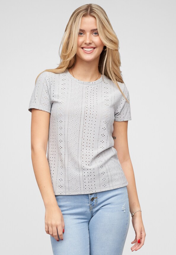 T-Shirt mit Lochmuster und Rundhals-0