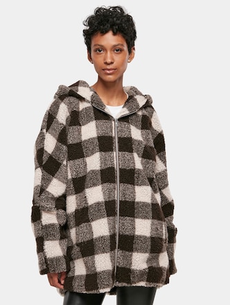 Ladies Hooded Oversized Check Sherpa Jacket