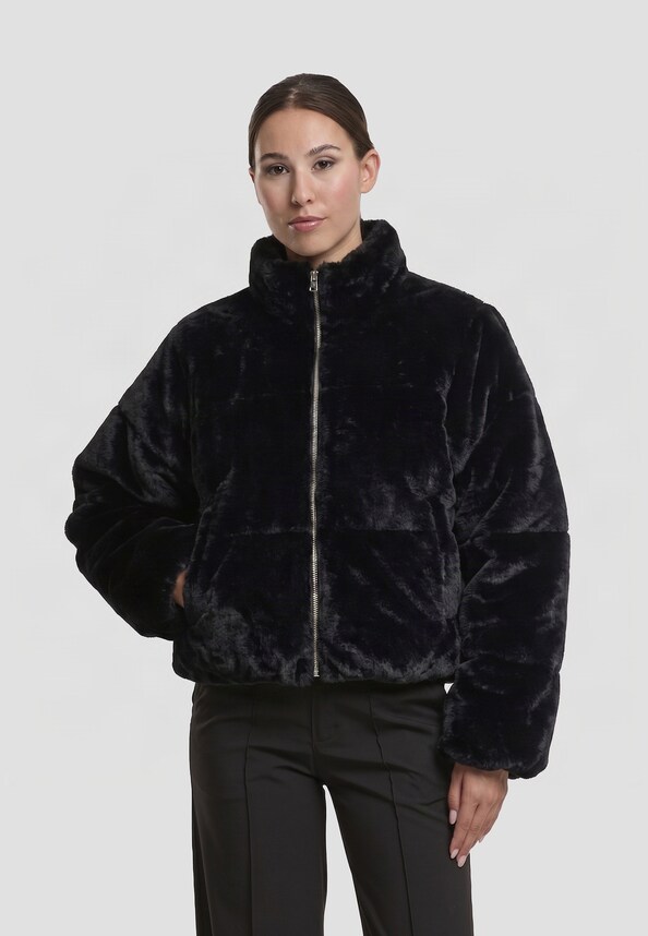 Ladies Short Faux Fur Puffer Jacket-0