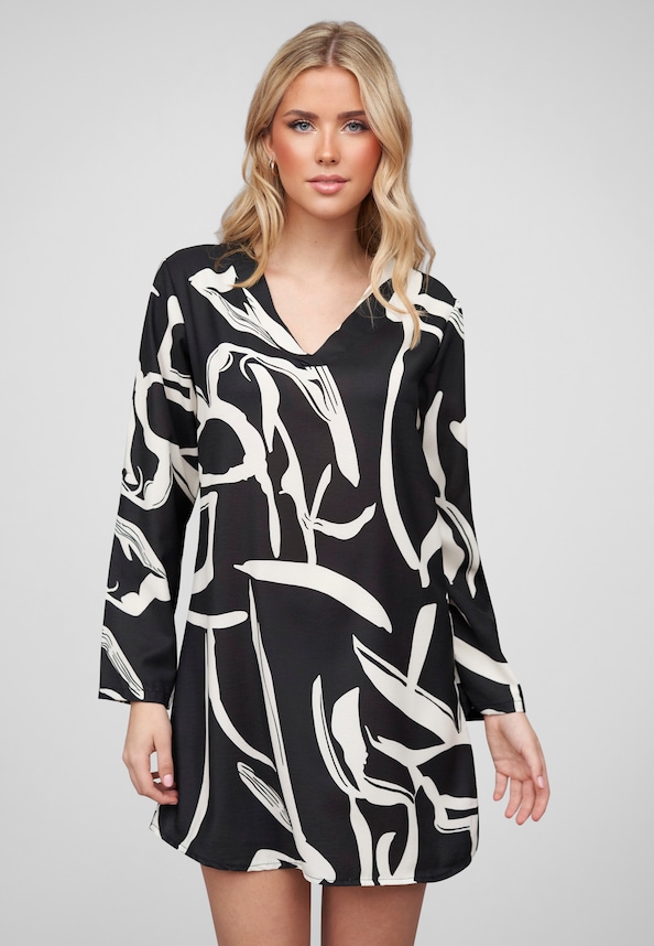 Cloud5ive Damen Kleid mit Turn-Up-Ärmeln und V-Neck All Over Grafik Print-0