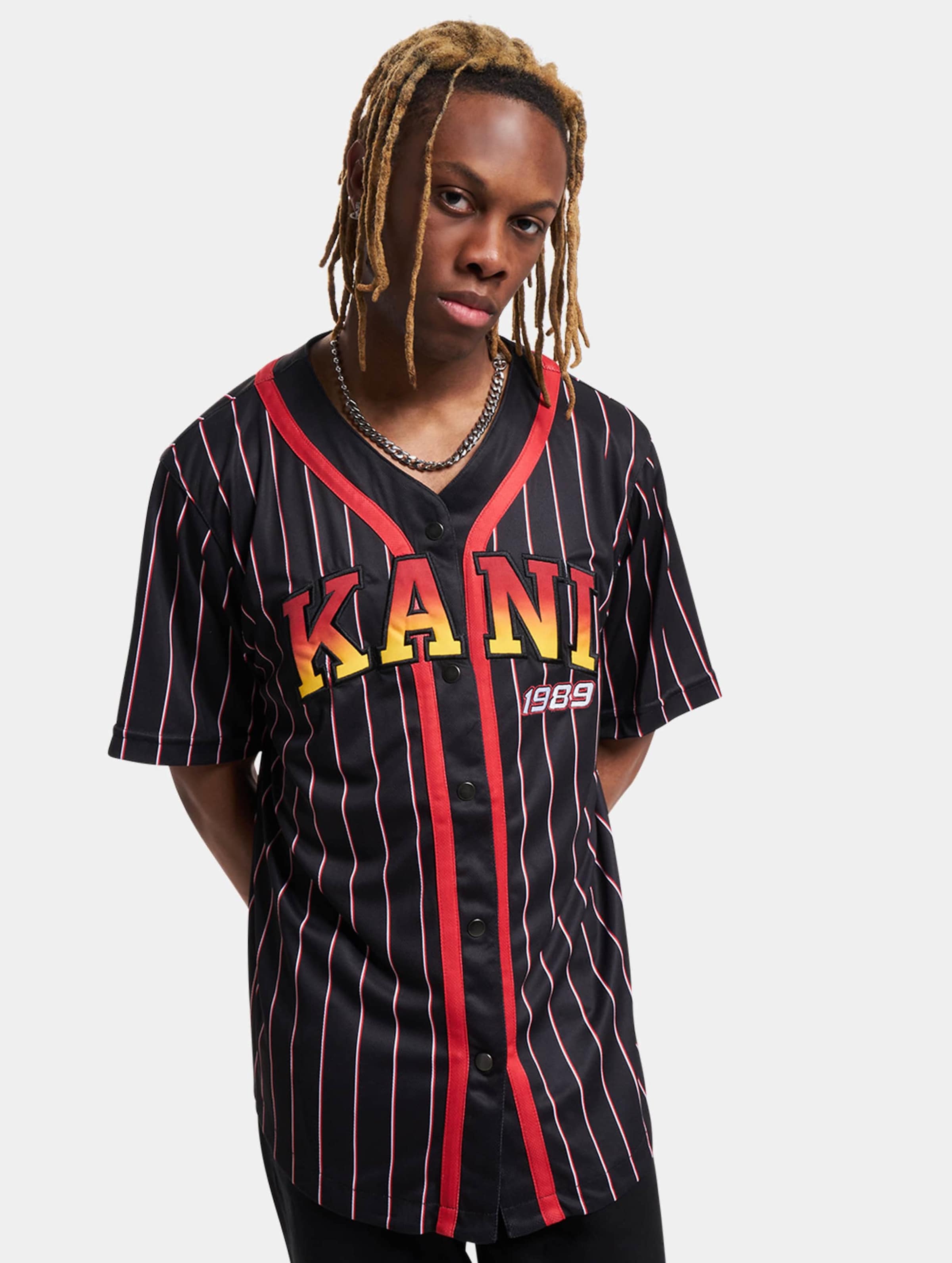 Karl Kani Serif Pinstripe Baseball Hemd Mannen op kleur zwart, Maat XS