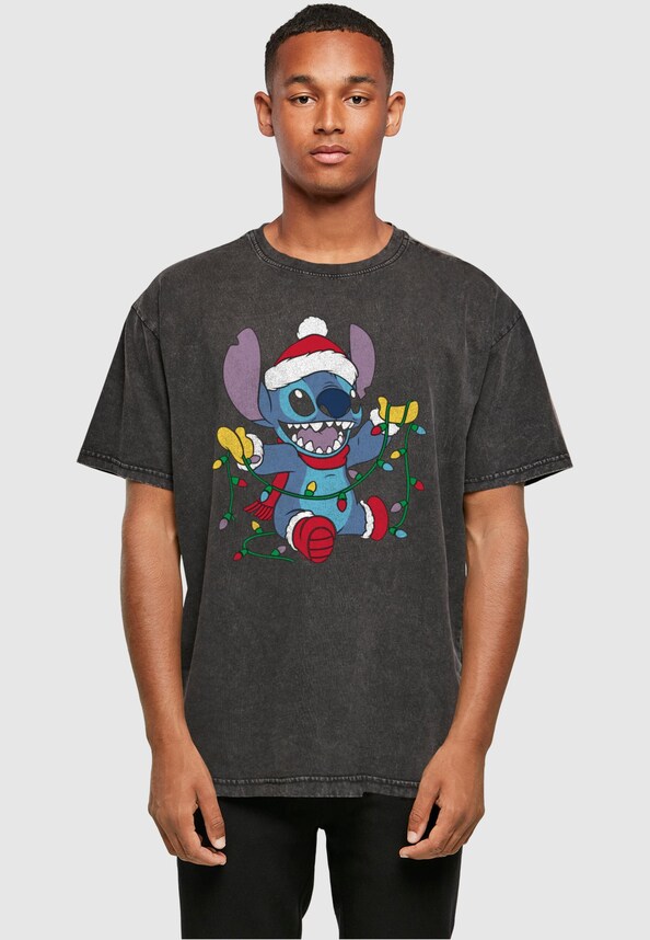 Lilo And Stitch - Christmas Lights Acid Washed Oversized Tee-0