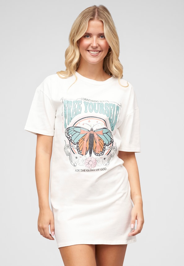 T-Shirt-Kleid mit Free Yourself Butterfly Print-0