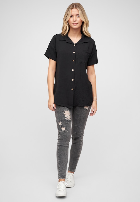 Musselin Kurzarm Hemd mit Knopfleiste und Brusttasche-4