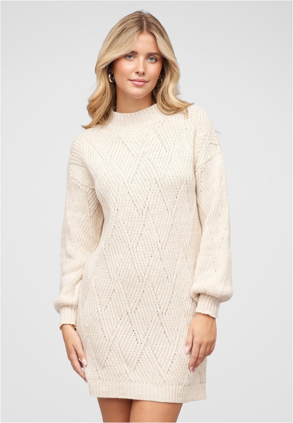 Strickkleid mit Rautenmuster und hohem Kragen-0