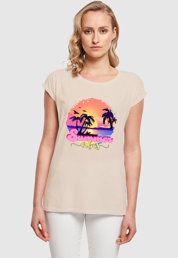 Ladies Summer Vibes Sunset Extended Shoulder Tee-0