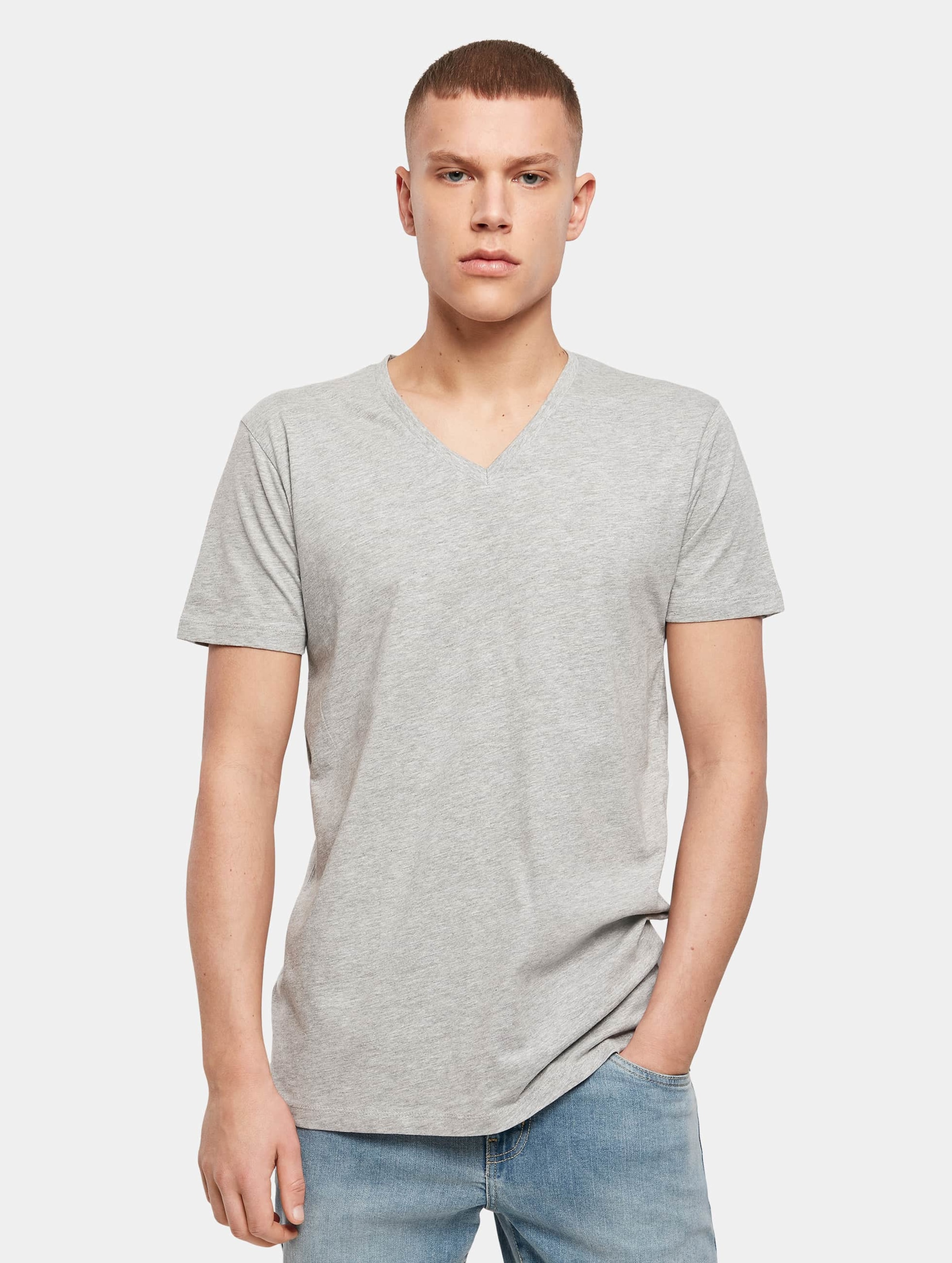 Build Your Brand Light T-Shirt V-Neck Mannen op kleur grijs, Maat M