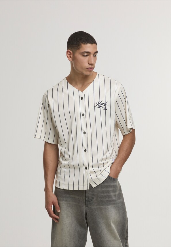 Cursive Varsity Pinstripe Cropped Baseball Jersey-0