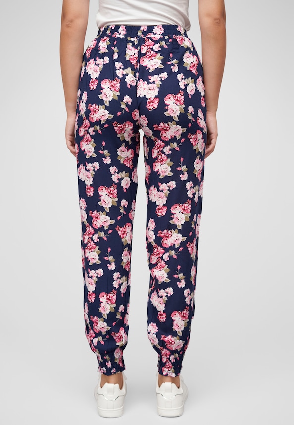 Viskose Hose mit Bündchen 2-Pockets & Blumen Print-1