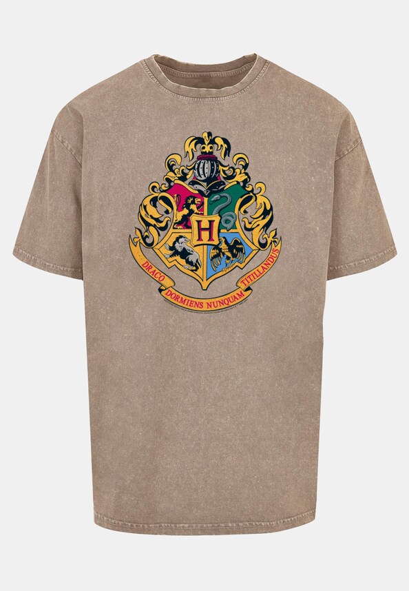 Harry Potter - Hogwarts Crest Gold Acid Washed Oversize Tee-3