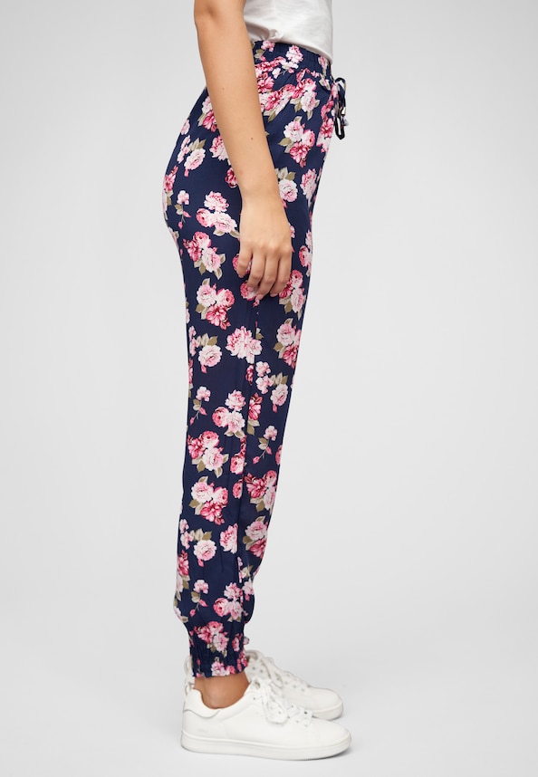 Viskose Hose mit Bündchen 2-Pockets & Blumen Print-3