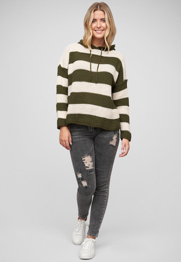 Strick-Hoodie mit Tunnelzug und Streifen-4