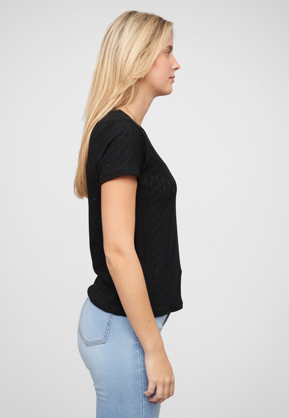 T-Shirt mit Lochmuster und Rundhals-3
