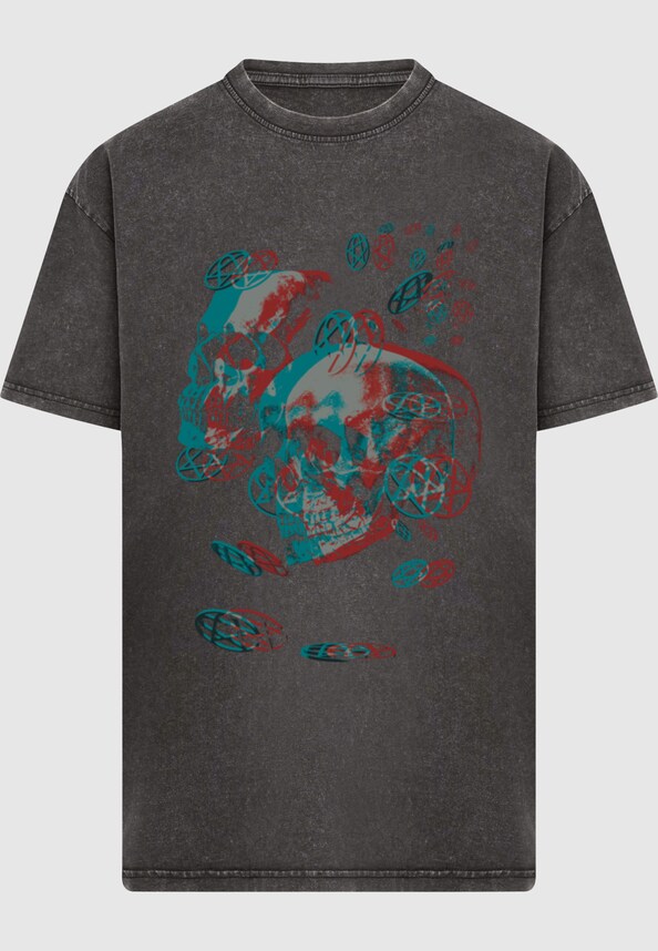 HIM - 3D Skulls and heartagrams Acid Washed Oversize Tee-2