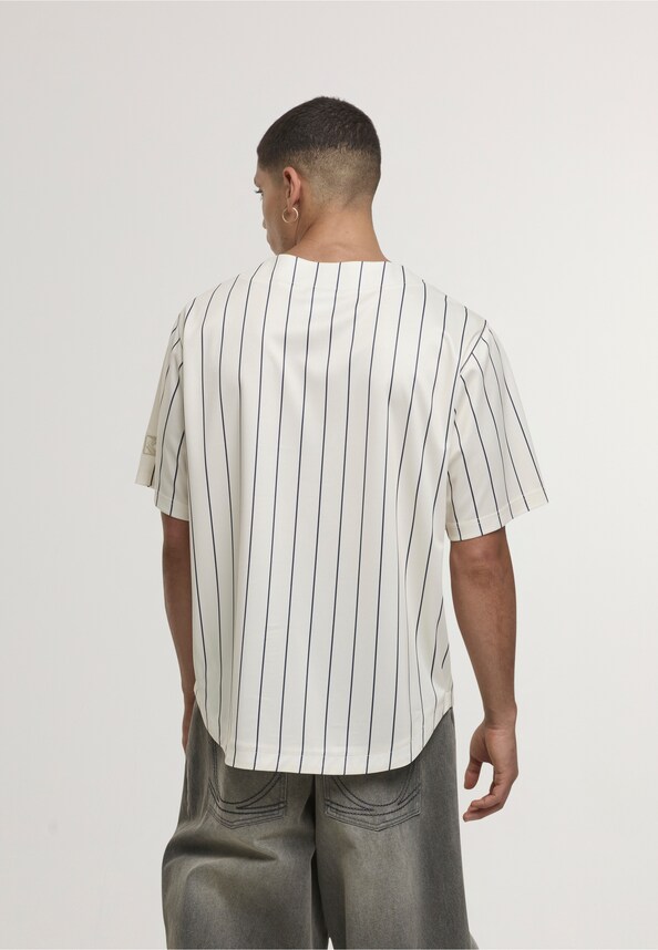 Cursive Varsity Pinstripe Cropped Baseball Jersey-1