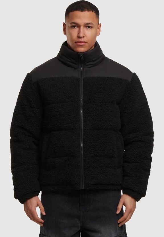 Fabric Mix Teddy Puffer Jacket-2