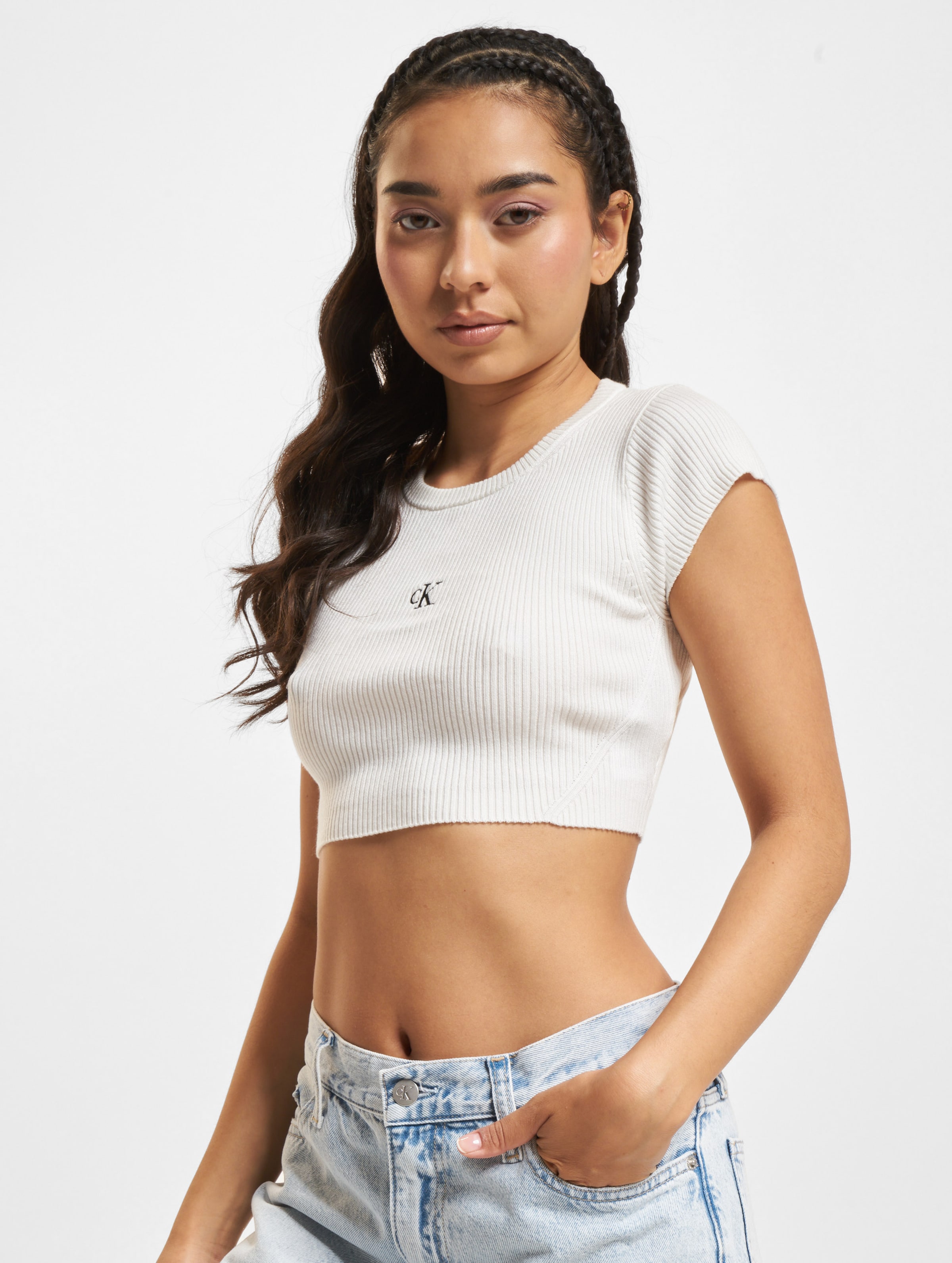 Calvin Klein Jeans Open Back Tied Knitted Crop Top op kleur beige, Maat M