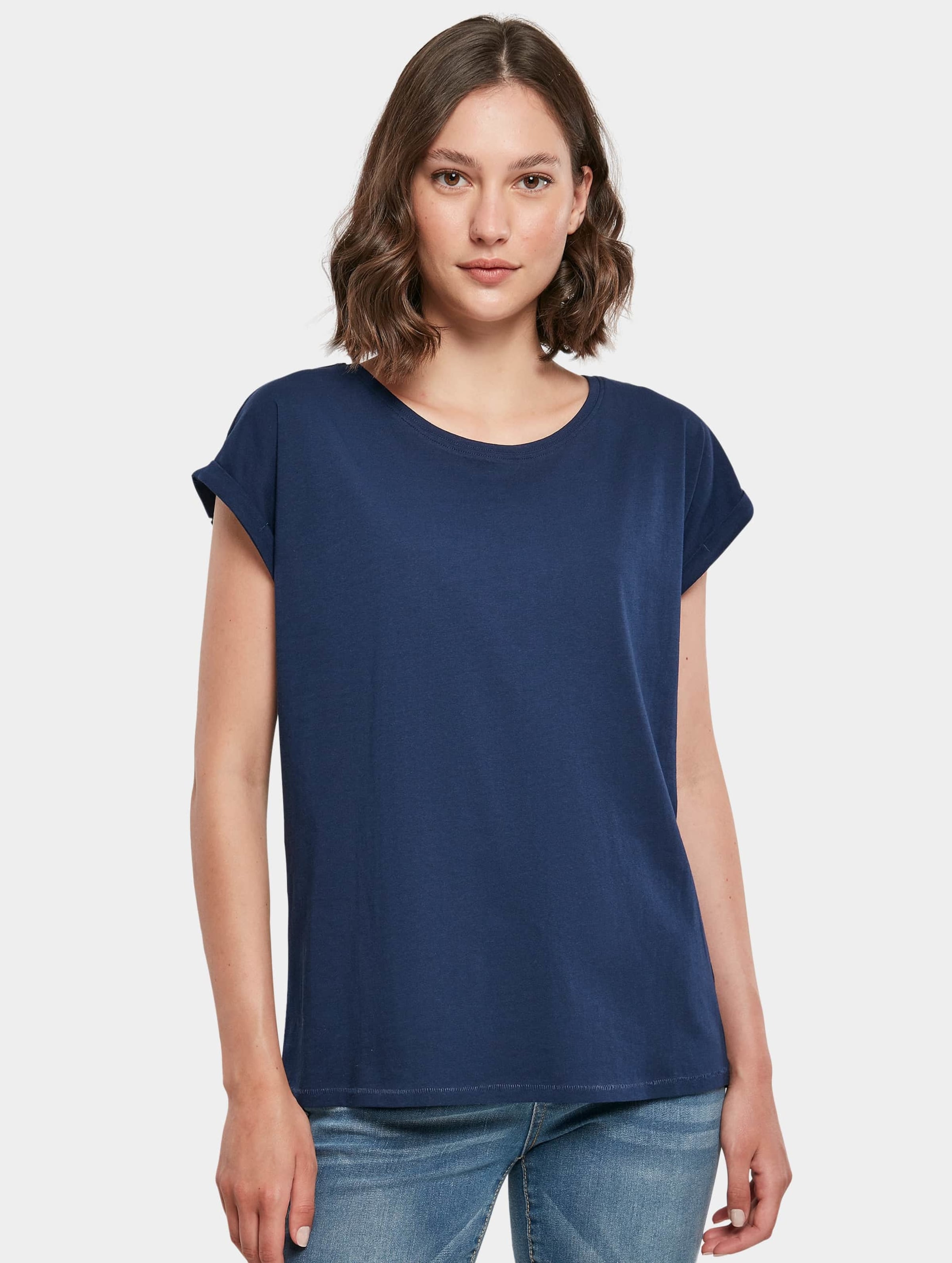 Build Your Brand Ladies Extended Shoulder T-Shirt op kleur blauw, Maat 3XL