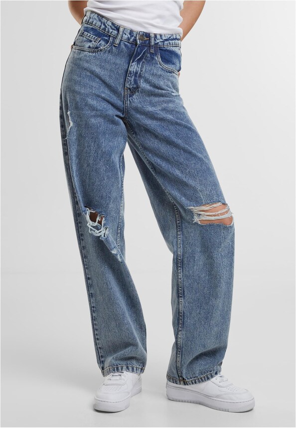 Ladies Distressed 90's Wide Leg Denim Pants-0