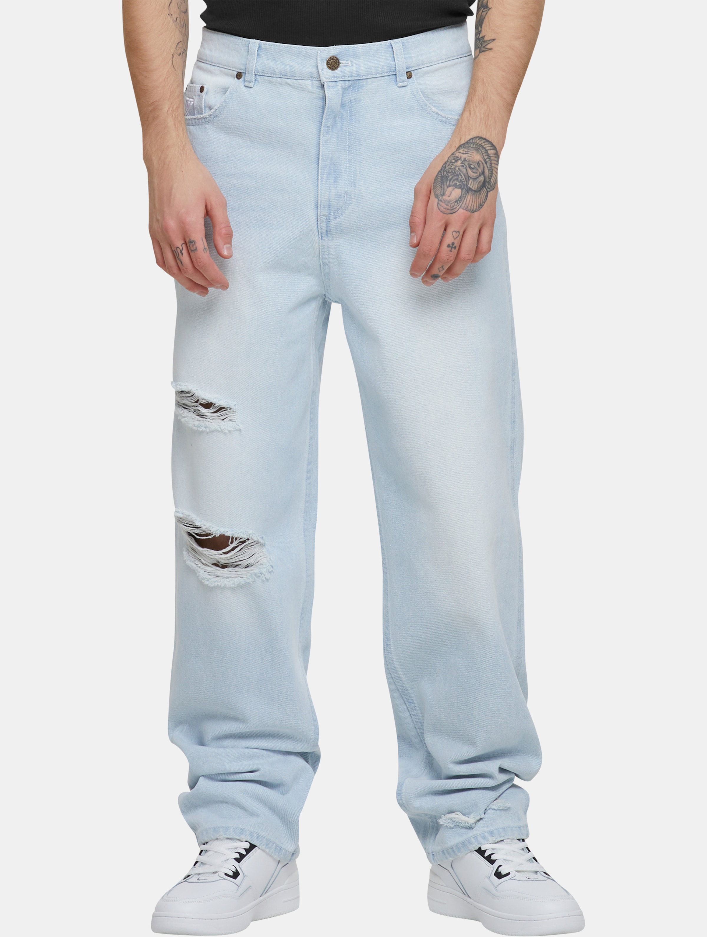 Karl Kani Small Signature Five Pocket Heavy Distressed Denim Jeans Baggy Mannen op kleur blauw, Maat 38