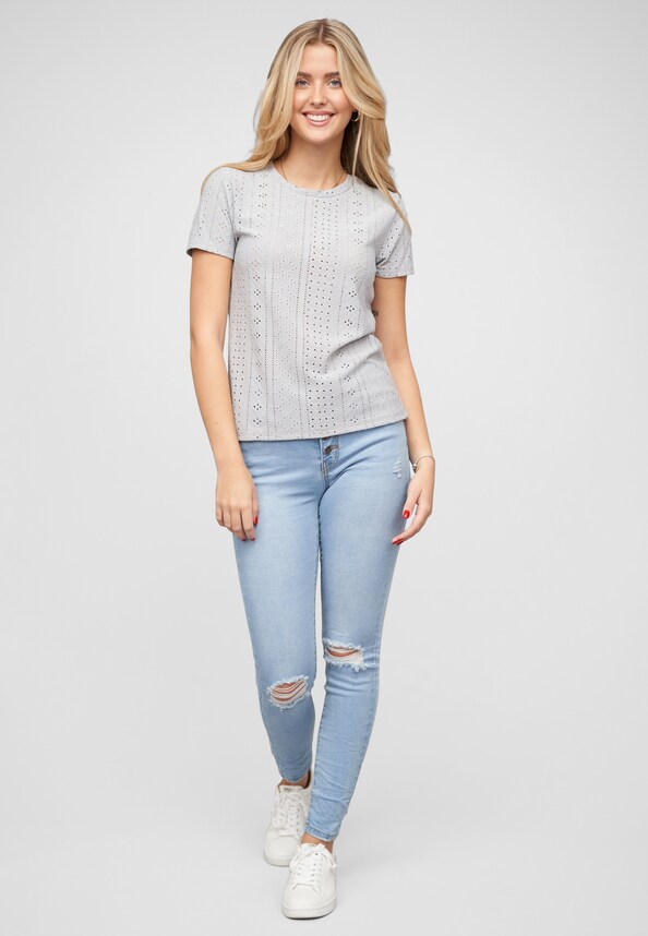 T-Shirt mit Lochmuster und Rundhals-4
