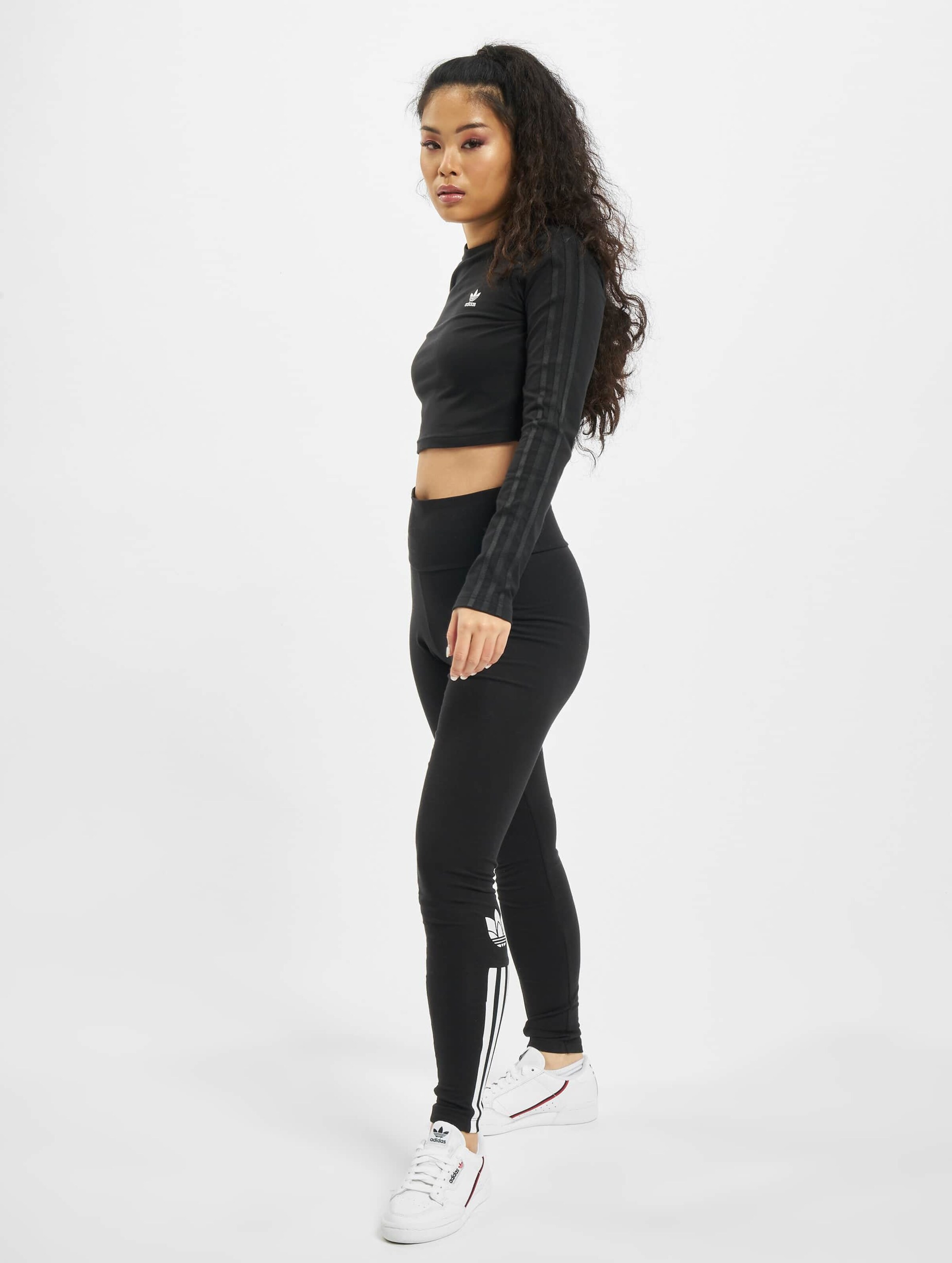 Adidas originals three stripe cropped sales long sleeve top in black