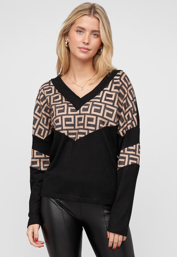V-Neck Sweater Pullover mit Geo-Print-0
