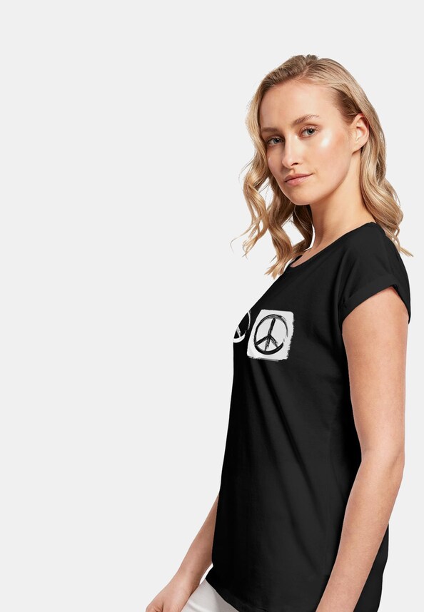 Ladies Peace - Double Peace Black  Extended Shoulder T-Shirt-2