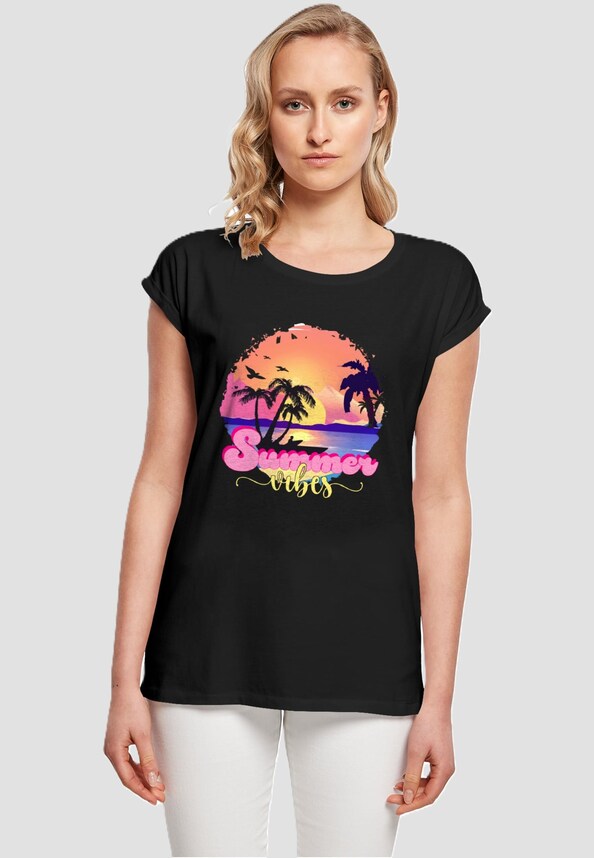 Ladies Summer Vibes Sunset Extended Shoulder Tee-0