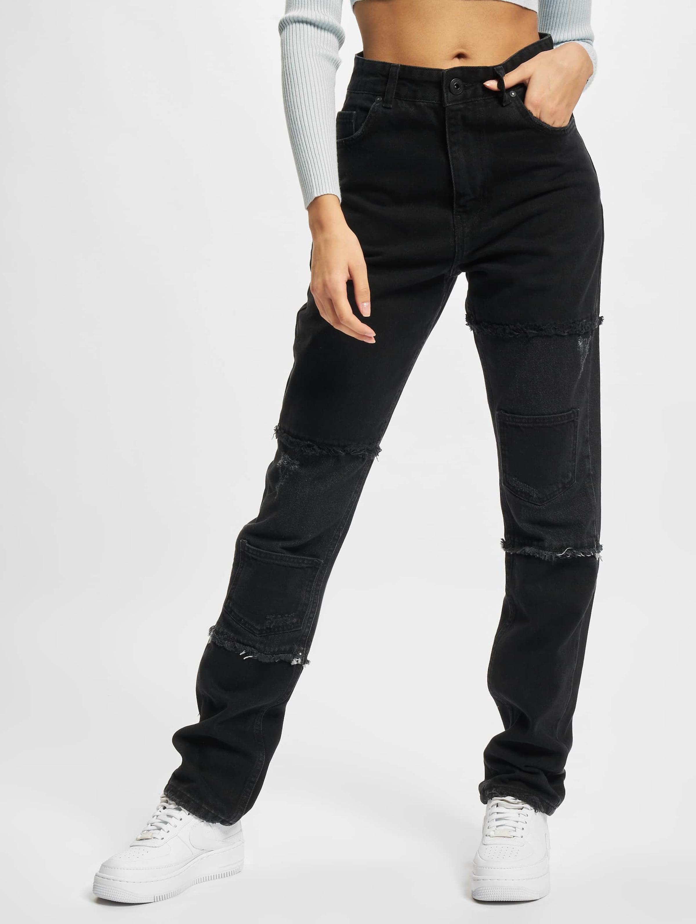 PEGADOR Lodi Wide Patchwork Straight Fit Jeans Vrouwen op kleur zwart, Maat 28