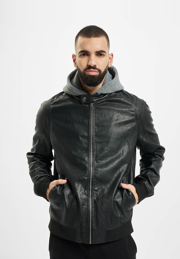Fleece Hooded Fake Leather -1