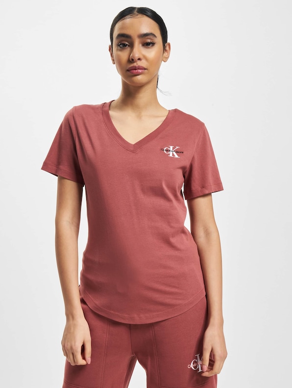 Calvin Klein Monogram Logo Slim V-Neck T-Shirt Terracotta-2