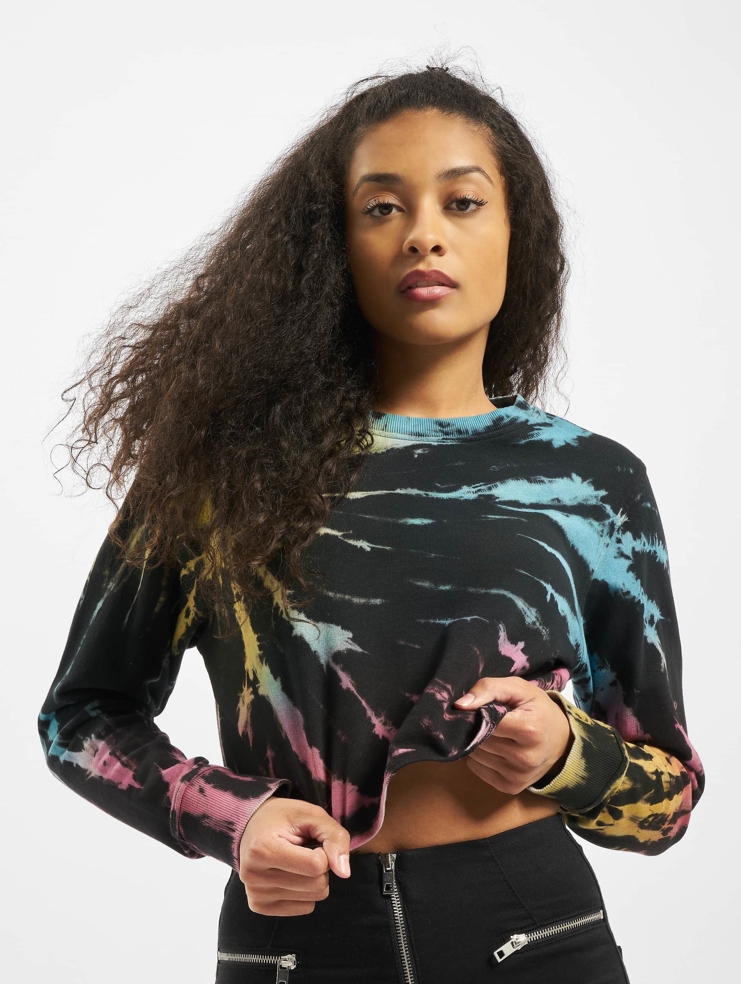 Urban Classics Ladies Tie Dye Cropped Crewneck op kleur zwart, Maat L