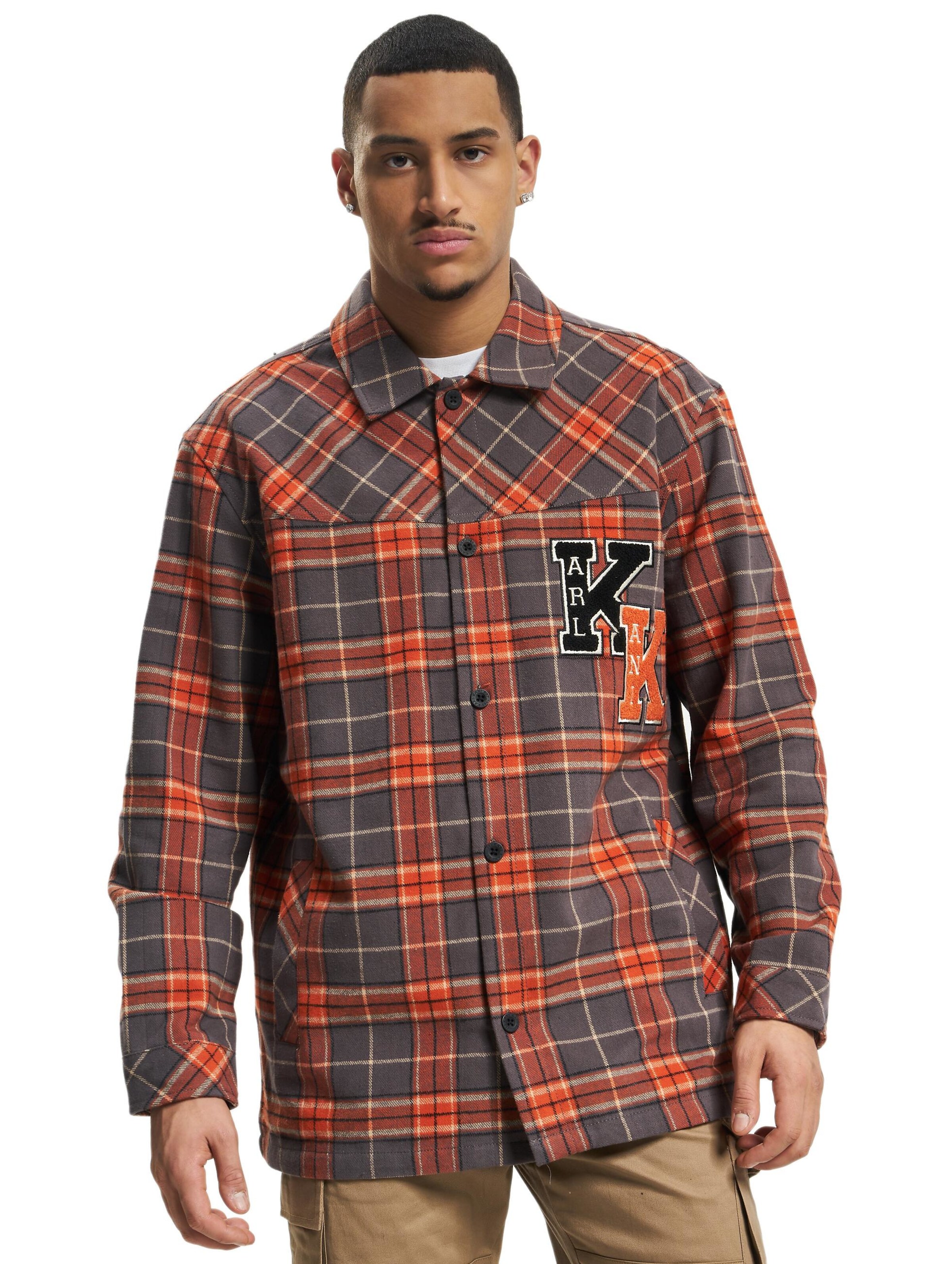 Karl Kani KM224-014-1 KK Chest Signature Heavy Flannel Overshirt Mannen op kleur grijs, Maat XS