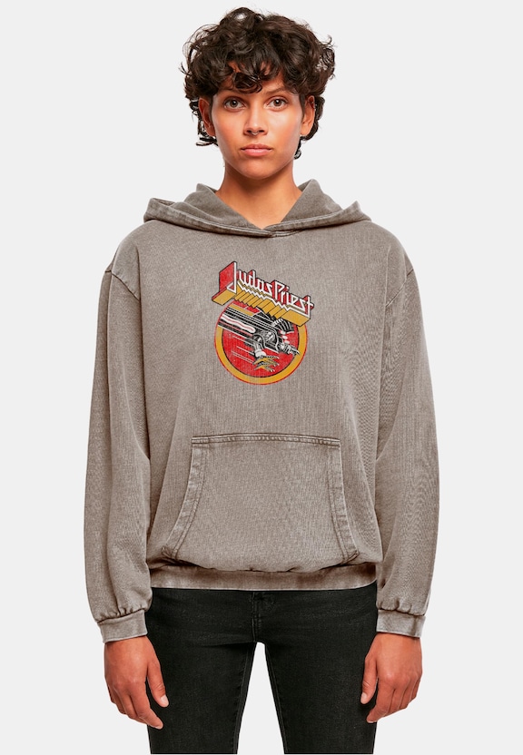Ladies Judas Priest -  Solid Circle Acid Washed Oversized Hoody-0